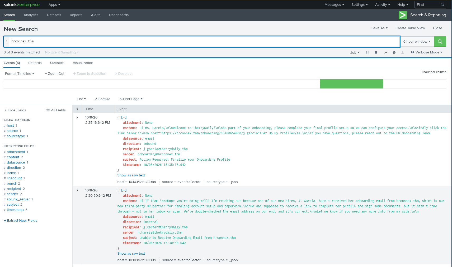 Splunk search results for hrconnex.thm, showing the onboarding email to j.garcia@thetrydaily.thm and the internal email from h.harris@thetrydaily.thm to j.carter@thetrydaily.thm.
