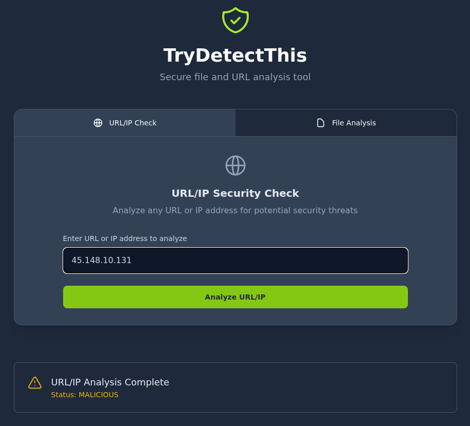 TryDetectThis showing the result for 45.148.10.131: URL/IP Analysis Complete, Status: MALICIOUS.