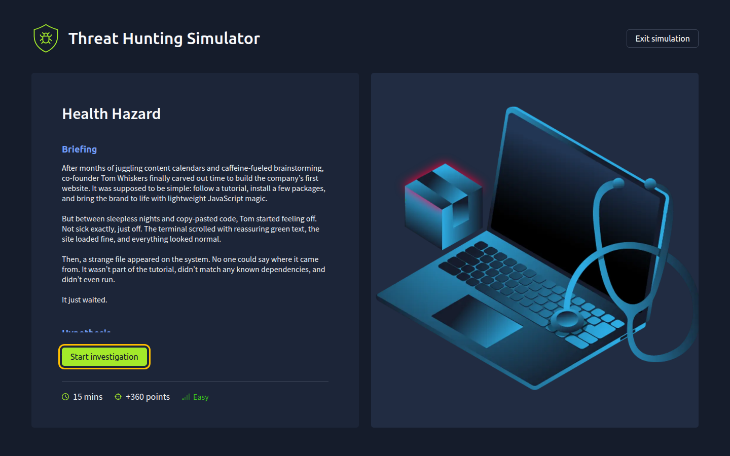 The Health Hazard summary screen with the briefing, and the Start investigation button highlighted.