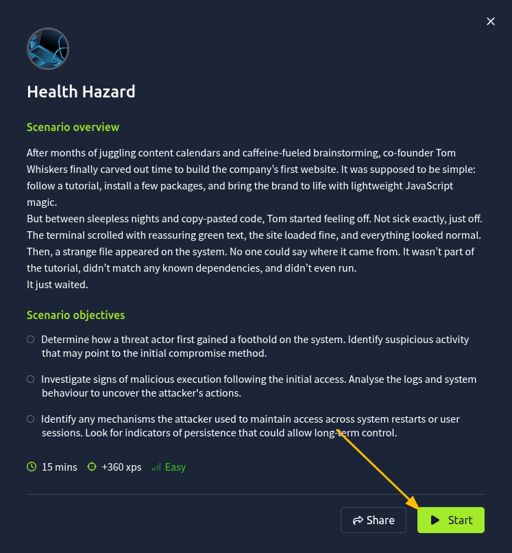 The Health Hazard scenario details, with the overview, the objectives, and an arrow pointing to the Start button.