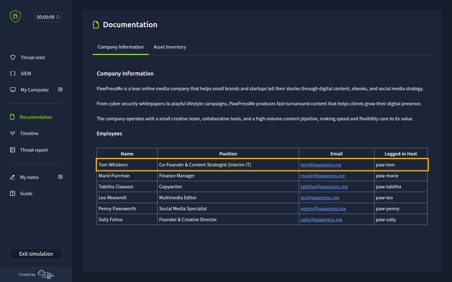 The Company Information tab of the documentation, with Tom Whiskers' row highlighted in the employee table.