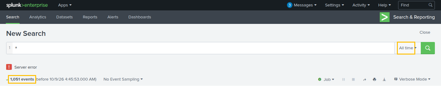 Splunk as it opens, with the search * on All time, and the time range and the count of 1,051 events highlighted.