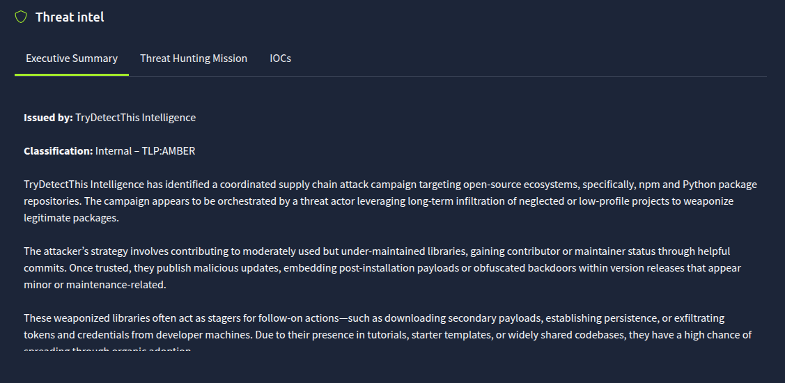 The threat intelligence report open on the Executive Summary tab, next to the Threat Hunting Mission and IOCs tabs.
