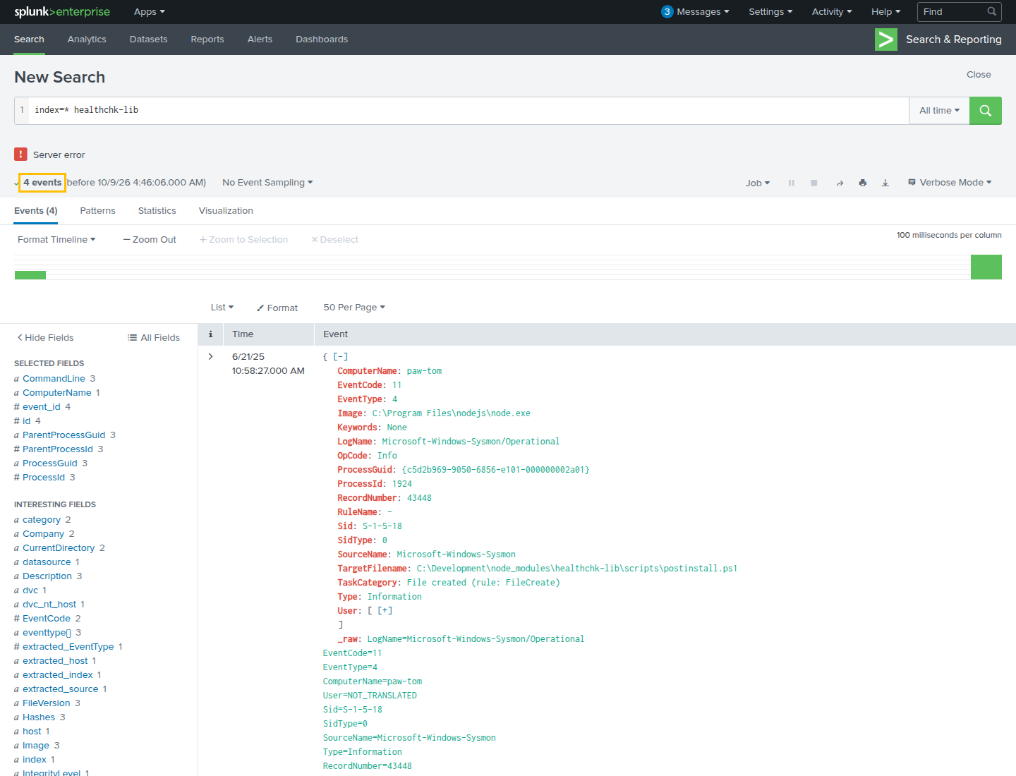 Splunk results for index=* healthchk-lib, with the count of 4 events highlighted and the postinstall.ps1 event at the top.