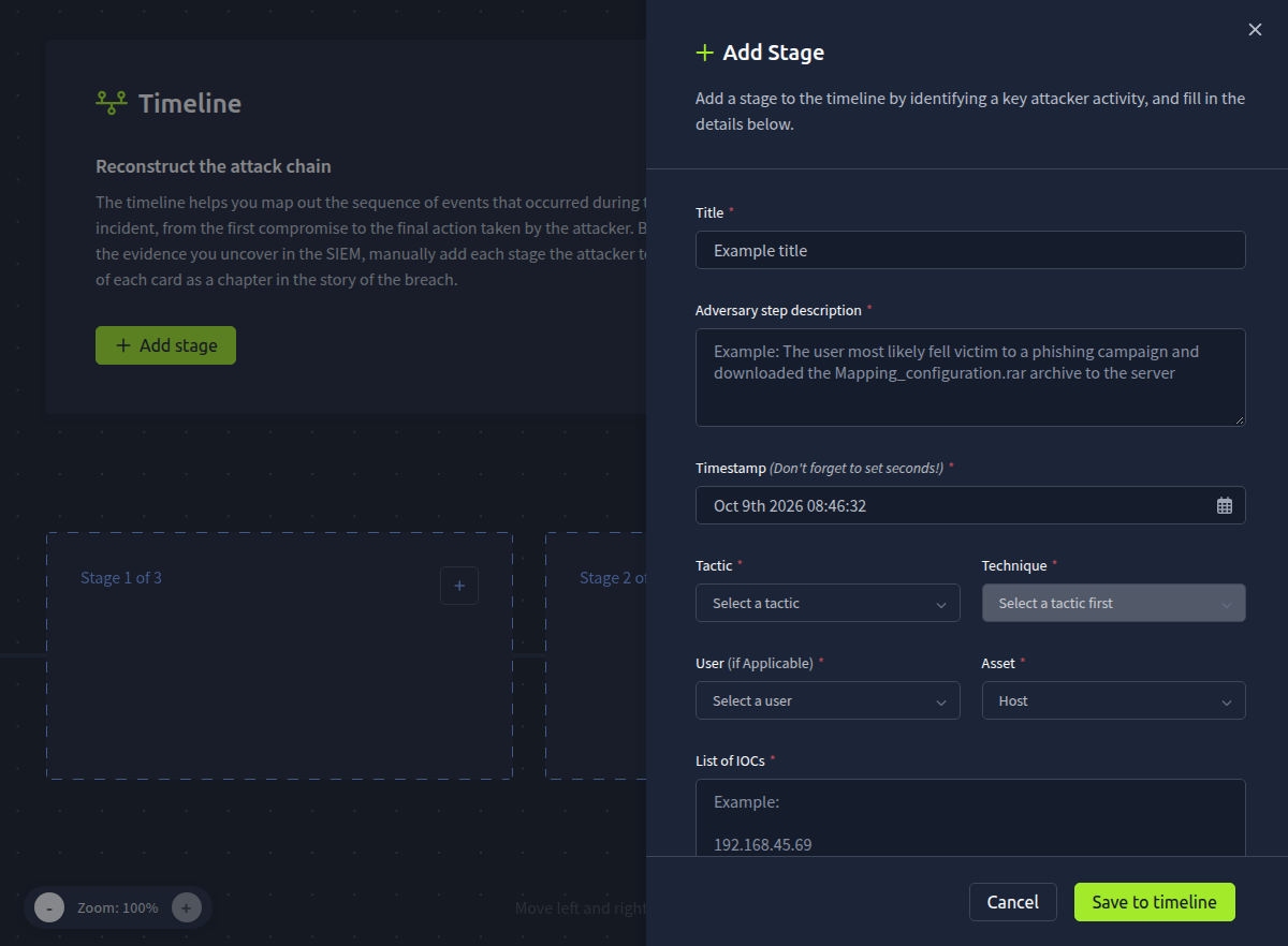 The empty Add Stage form, with its fields from Title and Adversary step description down to List of IOCs.