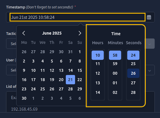 The timestamp picker set to 21 June 2025, with 10, 58 and 24 selected in the Hours, Minutes and Seconds columns.