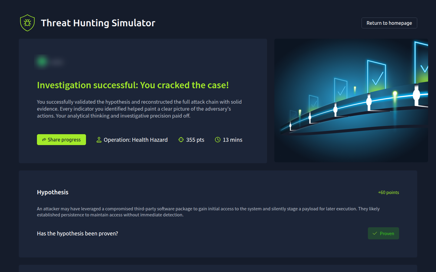 The top of the results screen, saying Investigation successful: You cracked the case!, with the points and time taken.