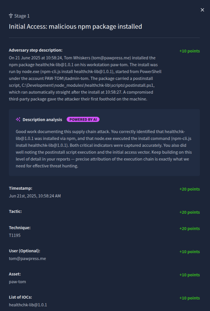 The Stage 1 analysis: the description with its points, the AI's Description analysis, and the points for each other field.