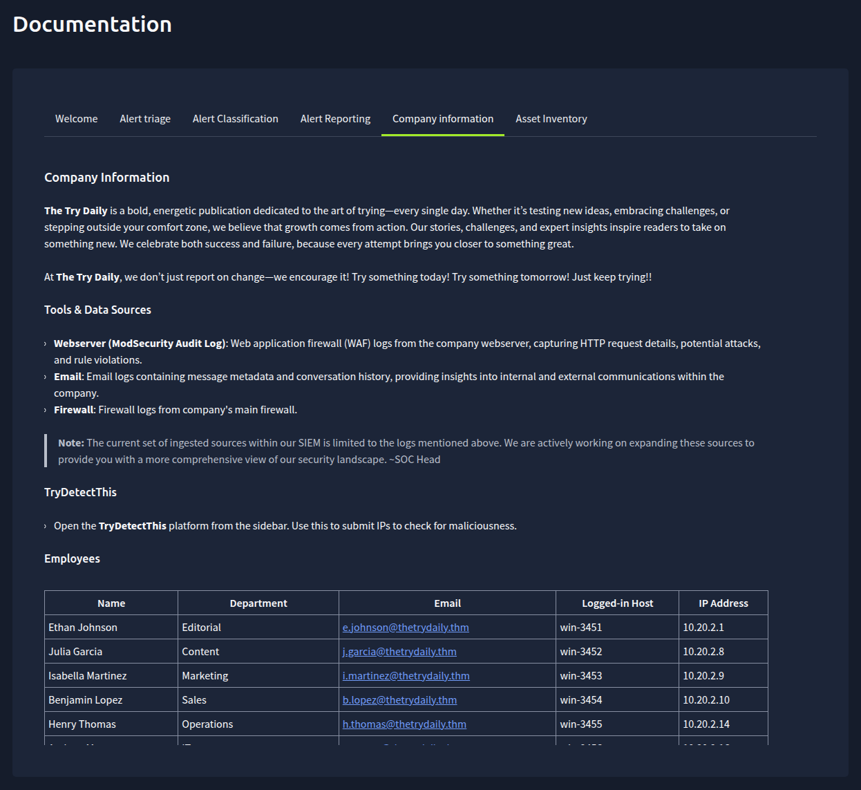 The Company information tab of the scenario documentation, showing the company description, its data sources and the employee table.