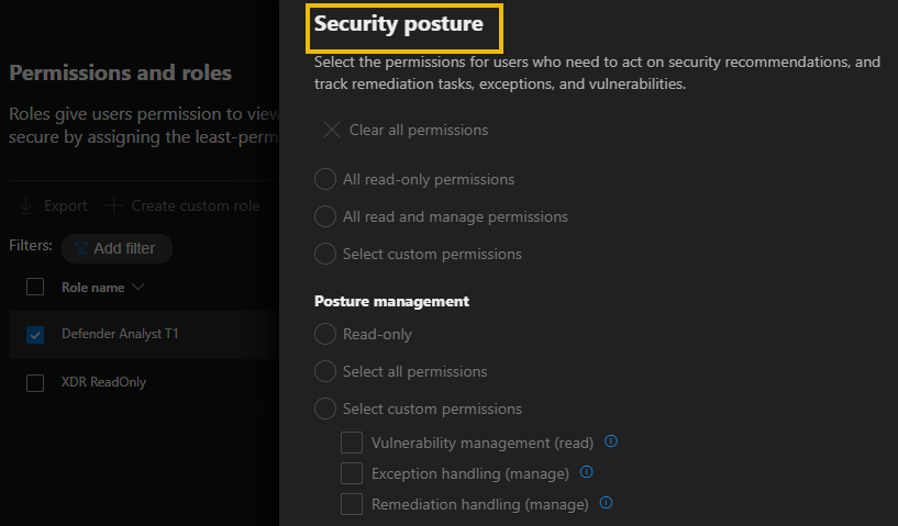 Security posture permissions details screen showing each permission