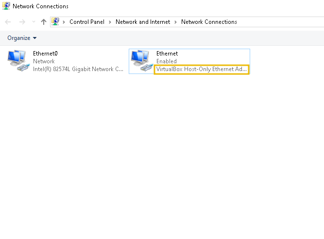 Screenshot of the Network Adapters in Windows OS, displaying the adapter with the name VirtualBox Ethernet