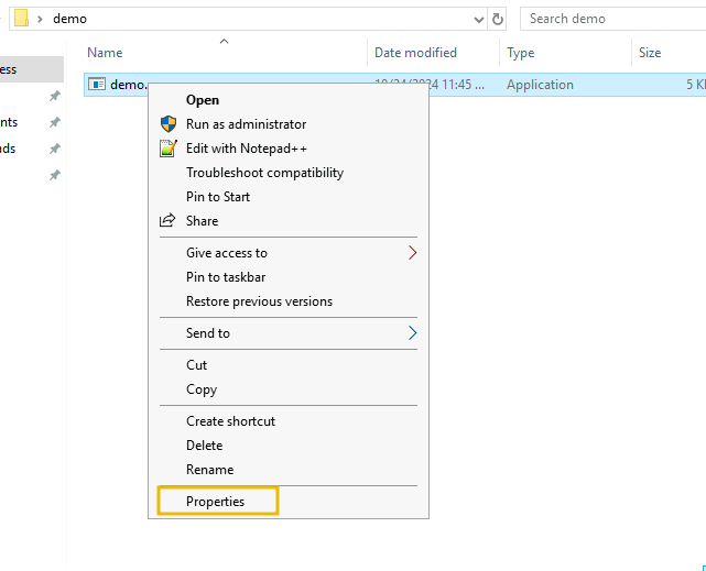 clicking on properties option