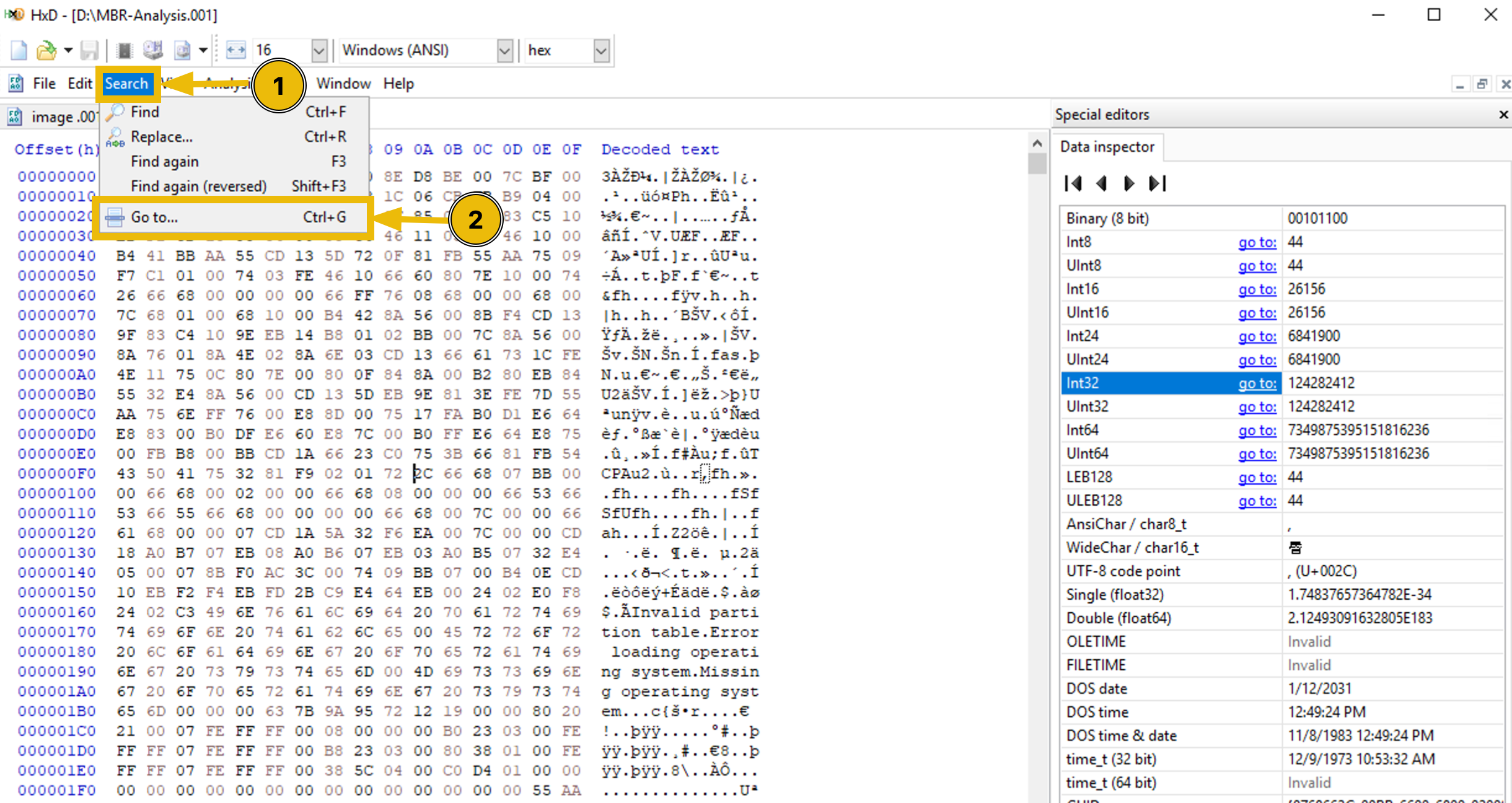 Go to" feature of HxD to jump to specific location.