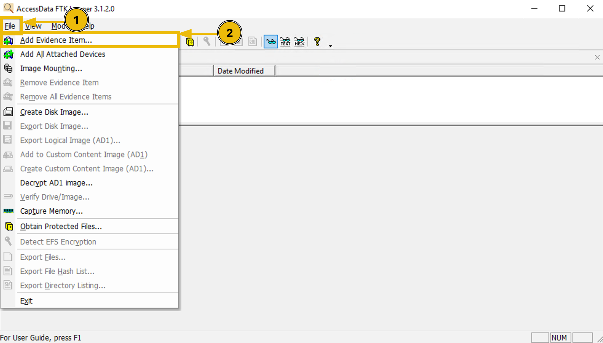 "Add Evidence Item" feature of FTK Imager to add an evidence.