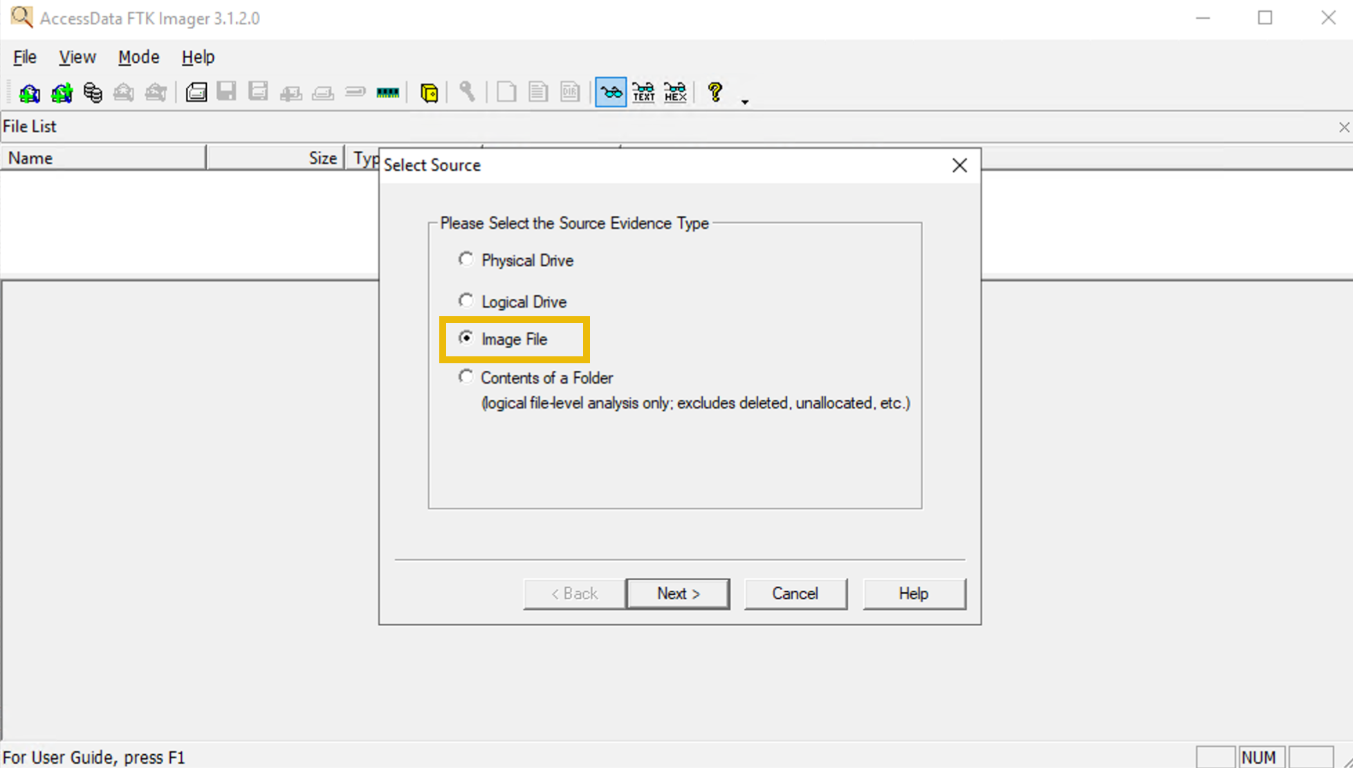 Selecting "Image File" option since our file is a disk image.