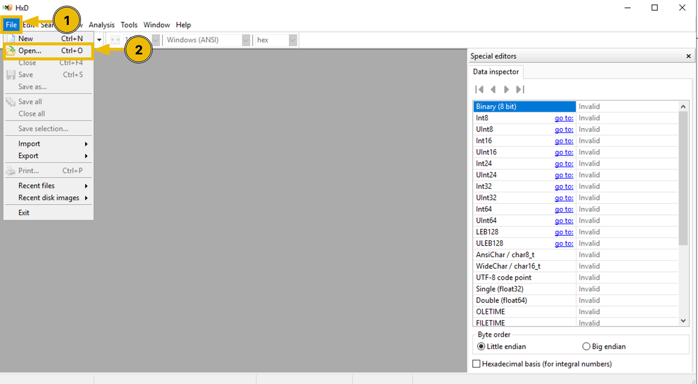 Opening a disk image in HxD hexeditor.