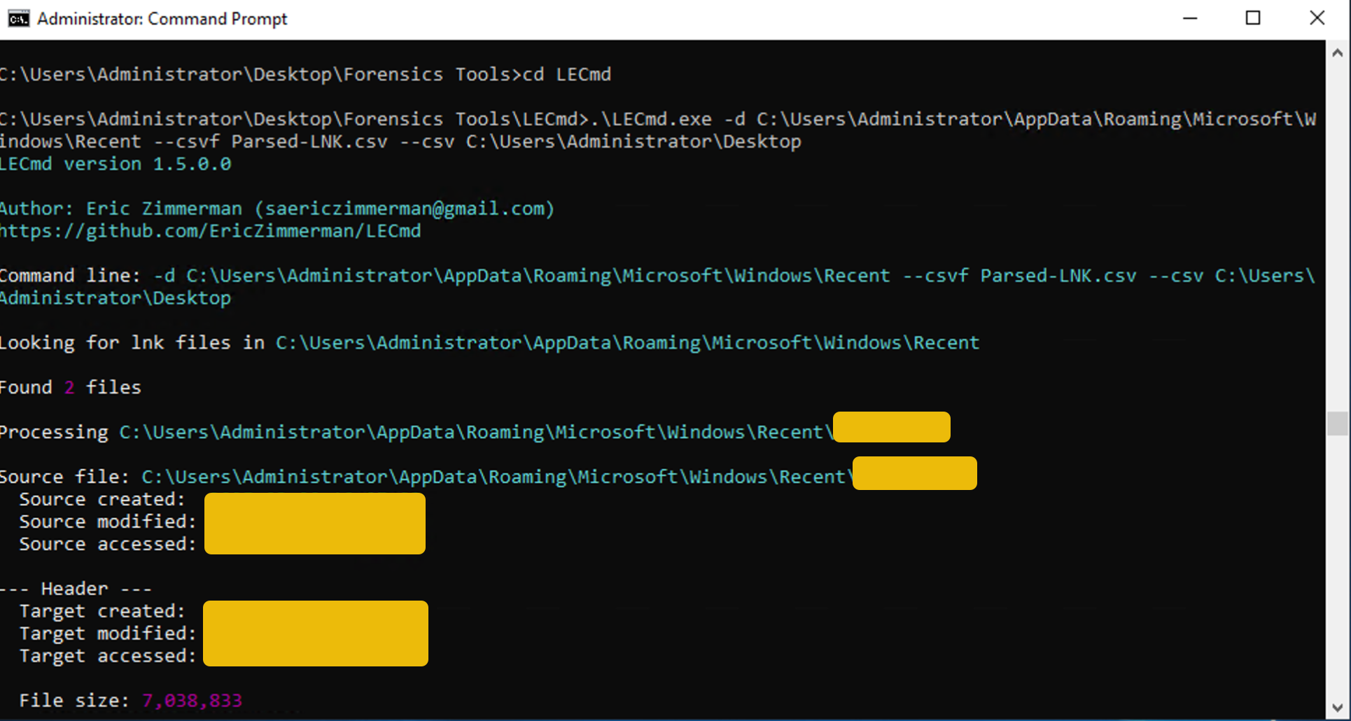 LECmd execution in the command prompt.