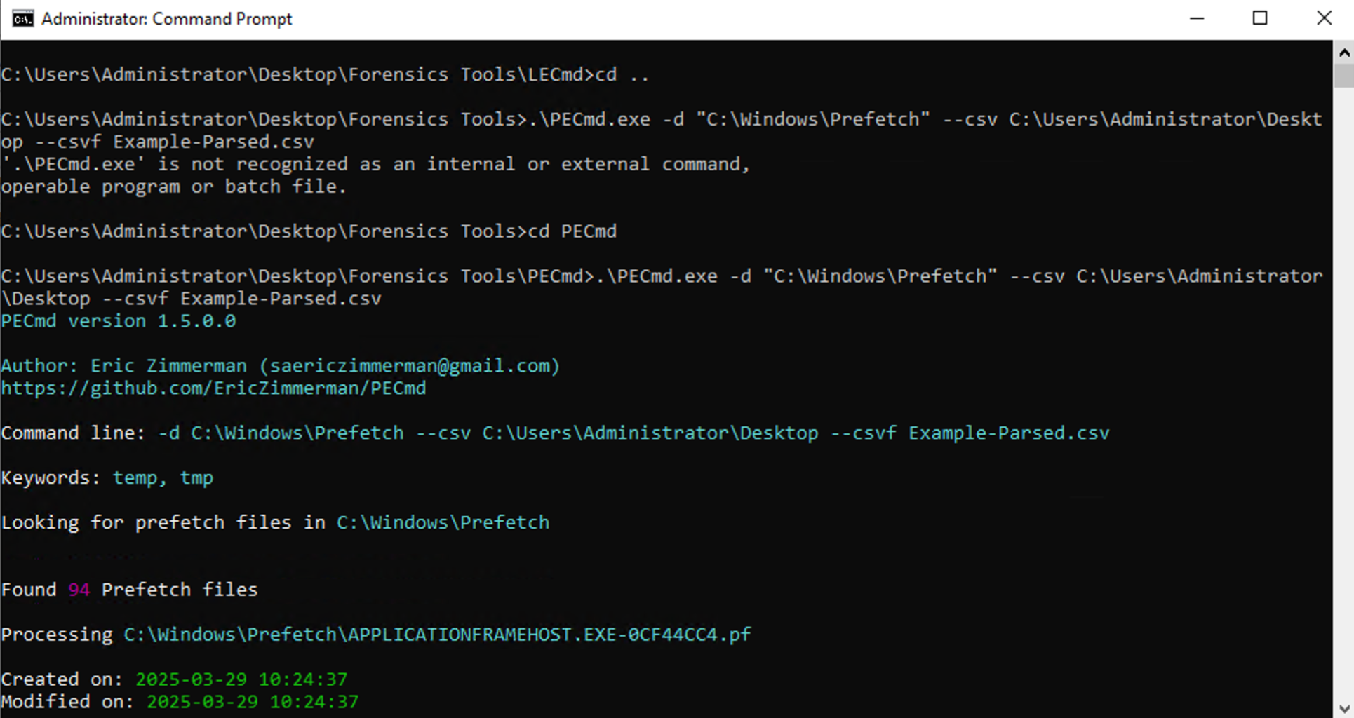PECmd tool execution in the command prompt.