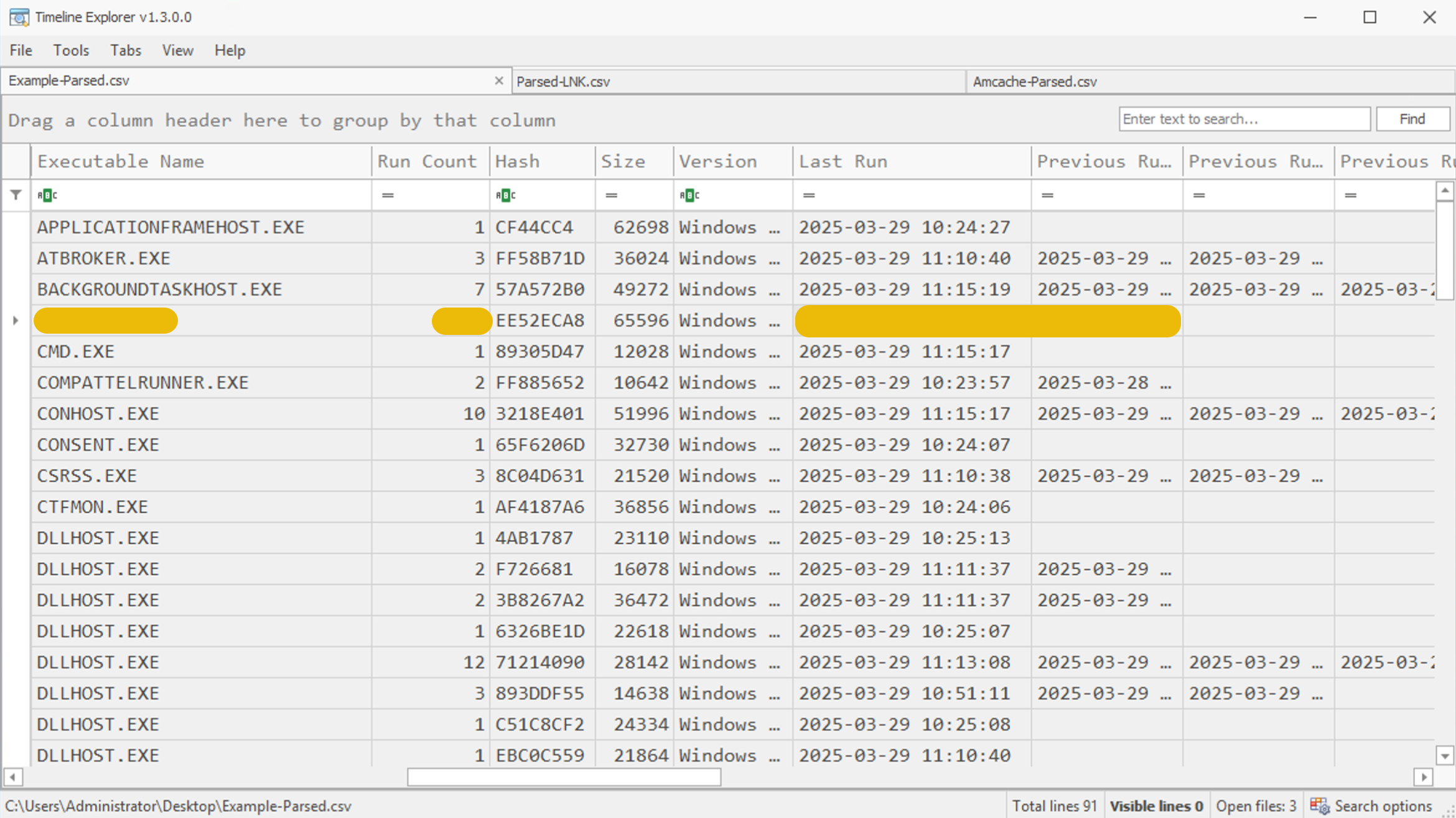 Parsed prefetch files in the Timeline Explorer tool.