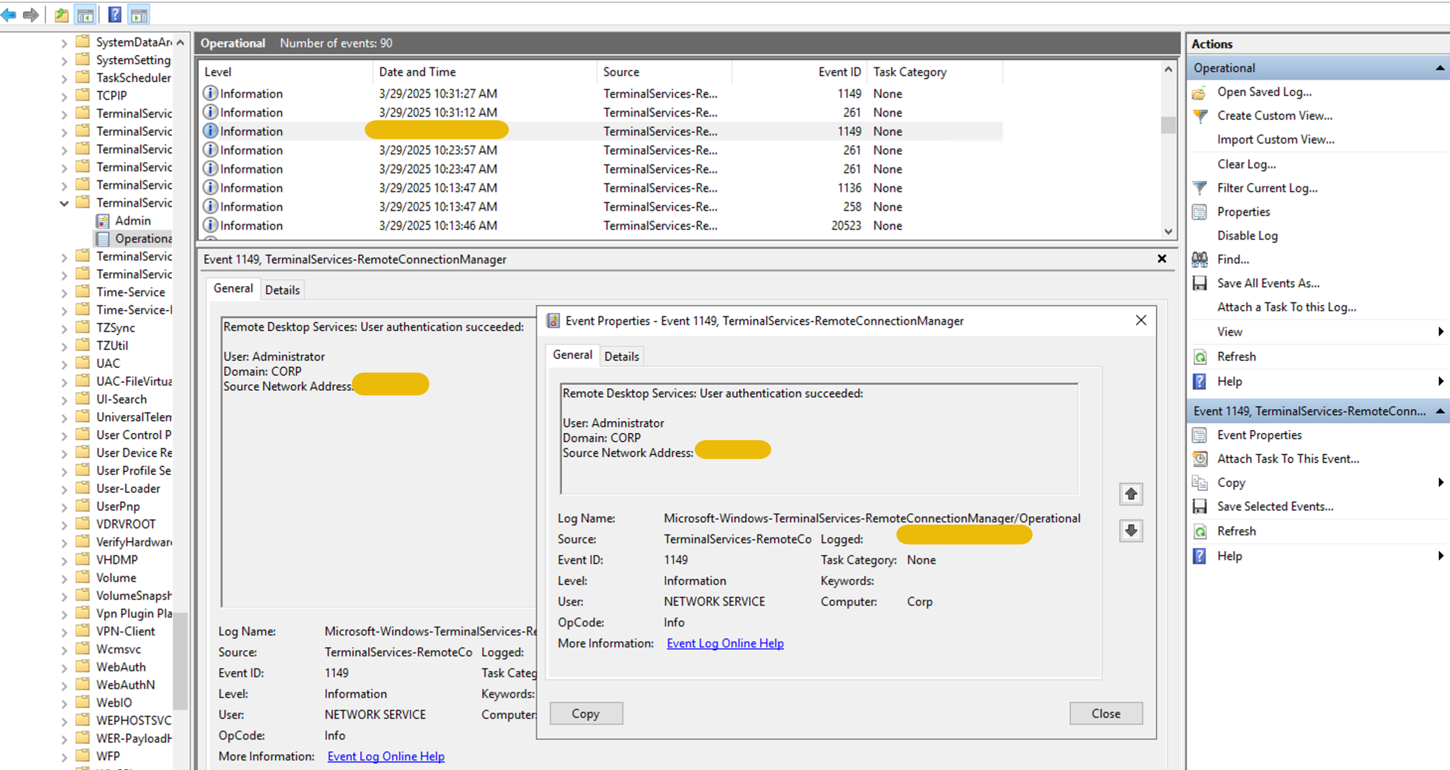 Event Viewer application showing the log of successful RDP attempt.