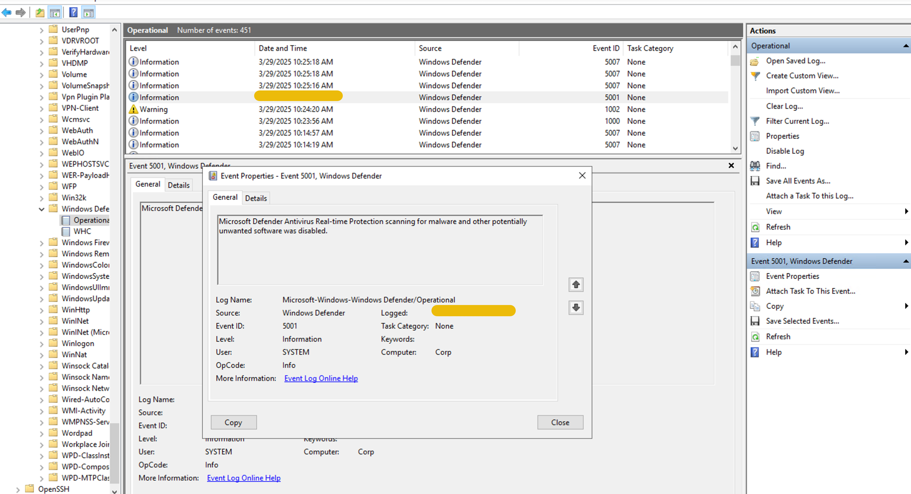 Event Viewer application showing the log of disabling Windows Defender.
