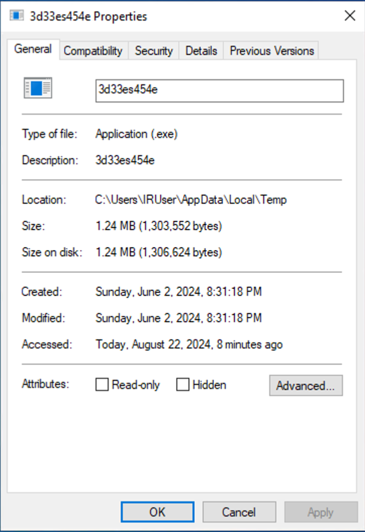 A window labelled Properties shows general information about the process with the name '3d33es454e'. The type of the file is 'Application (.exe)' and its location is 'C:\Users\IRUser\AppData\Local\Temp'.