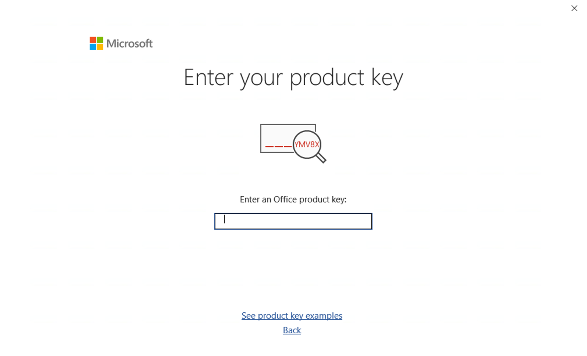 A Microsoft Office window prompting for a product key.