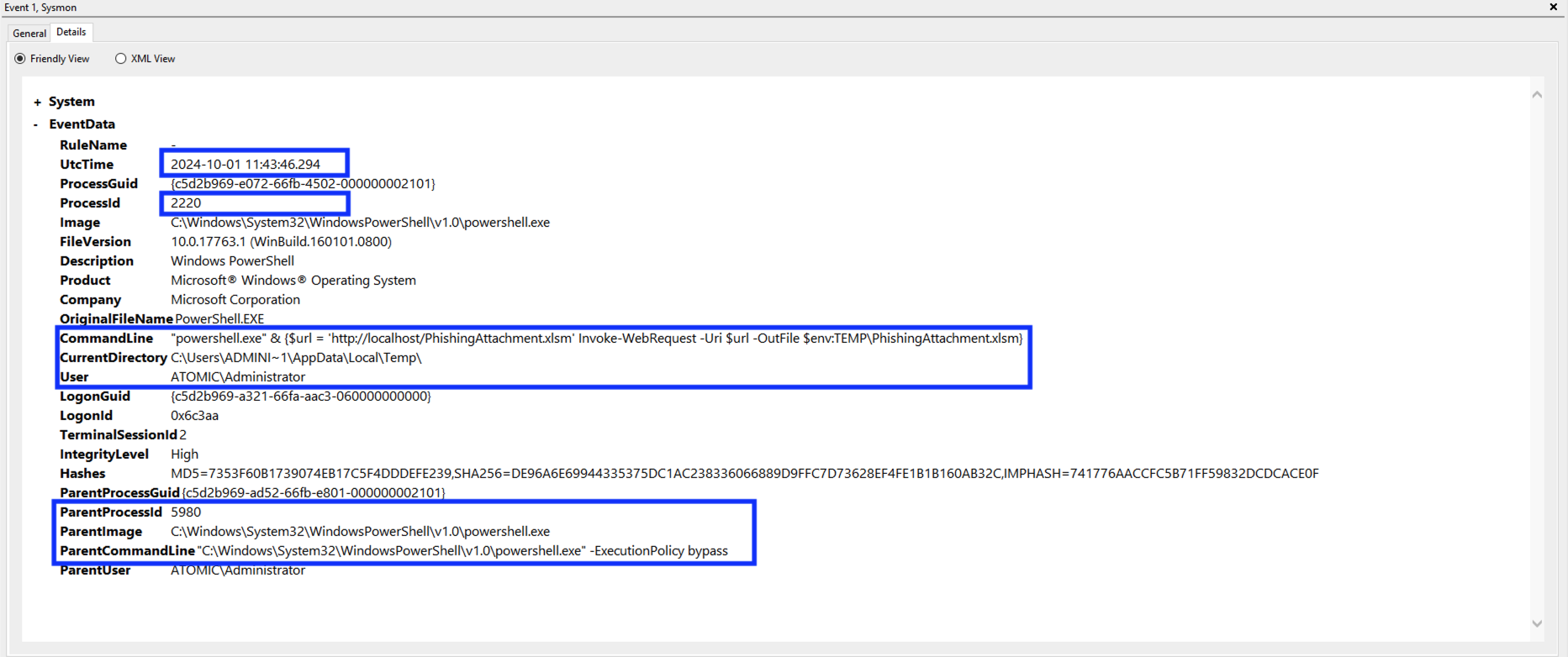 The results of executing the Atomic Test T1566.001 on the Windows Event Viewer.