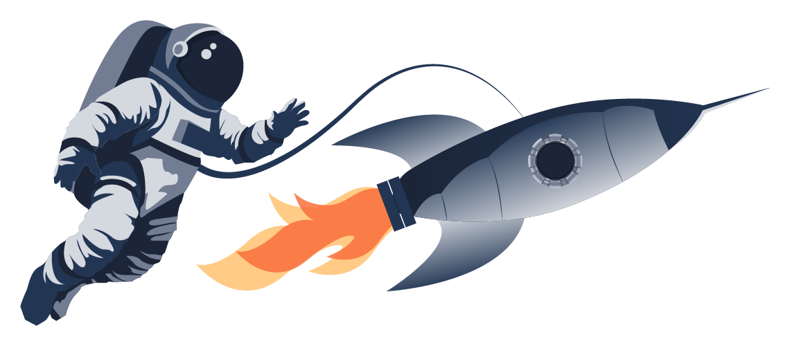 Image of an astronaut riding a rocket, ready to launch into different rooms of a course module for further learning, symbolizing exploration and discovery of new topics.