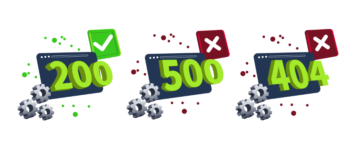 Illustration depicting HTTP Response or Status Codes, showing different codes like 200 (OK), 404 (Not Found), and 500 (Internal Server Error). Each code is represented visually with labels, indicating the server's response to client requests and the status of the interaction.