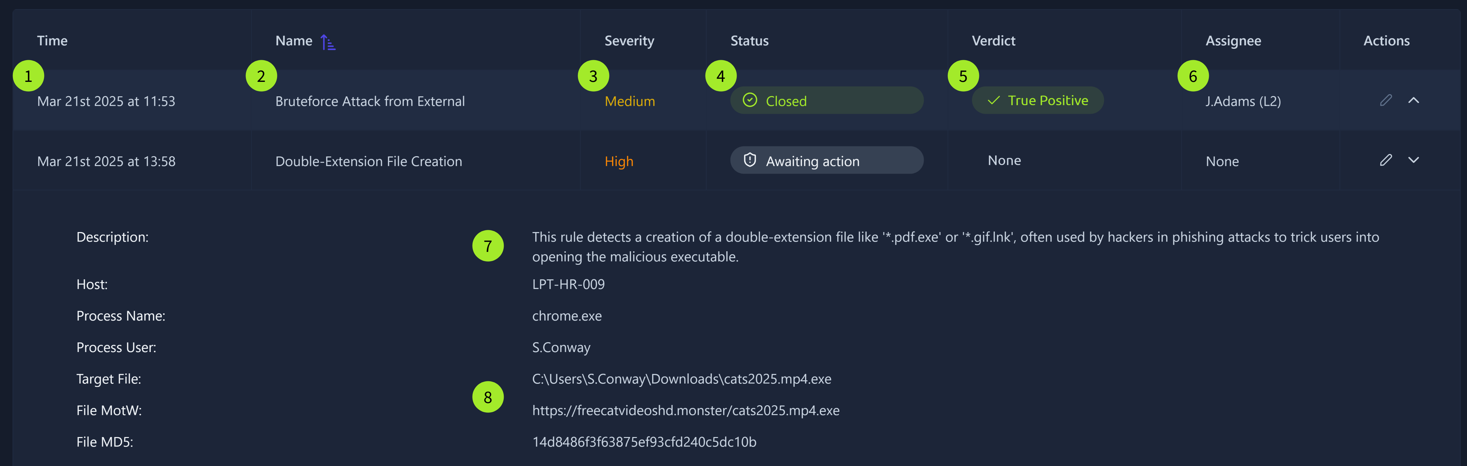 Alert example from a SOC dashboard highlighting differnt main property fields