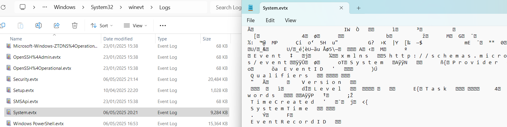 List of EVTX files on the left and the content of one of the files on the right that is unreadable since the logs are stored in a binary format