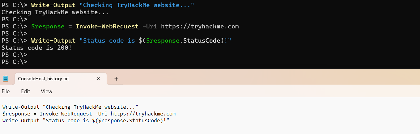 Screenshot of PowerShell terminal with multiple entered commands, and a screenshot from the history file opened in Notepad showing that all commands were logged to the file