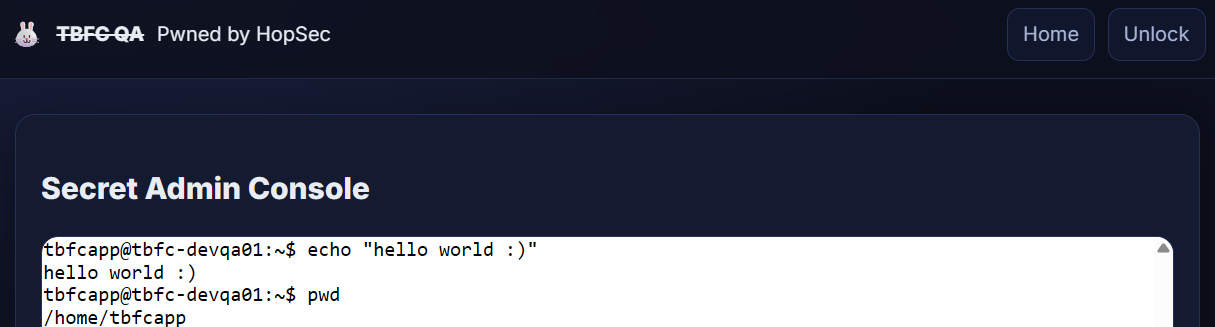 The terminal window you will see after combining three key parts on the tbfc-qa website.