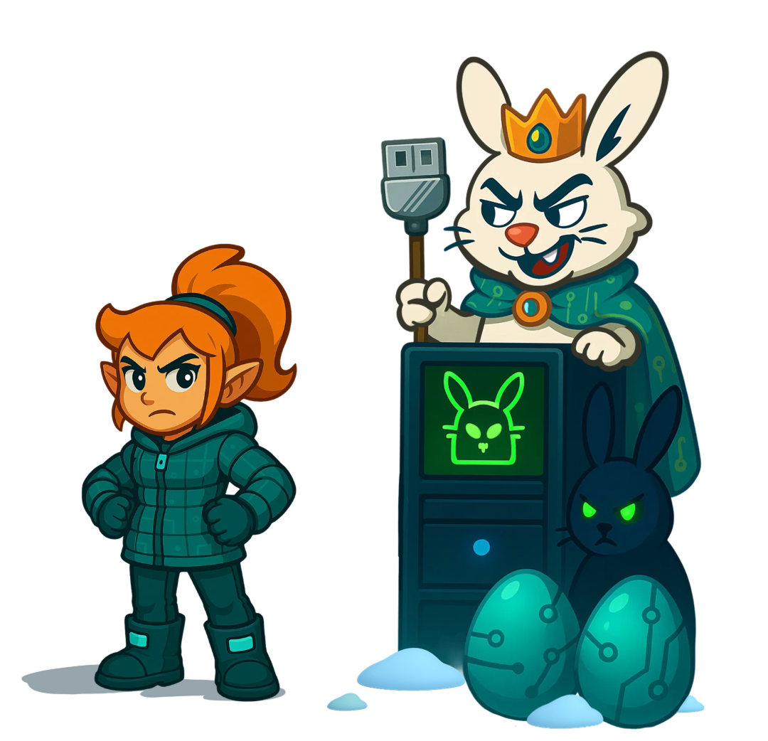 Cartoon-style illustration of a determined McSkidy facing King Malhare holding a USB scepter. The King Malhare stands beside a computer terminal displaying a rabbit icon, accompanied by a robotic black bunny and two glowing, circuit-patterned eggs on the ground.