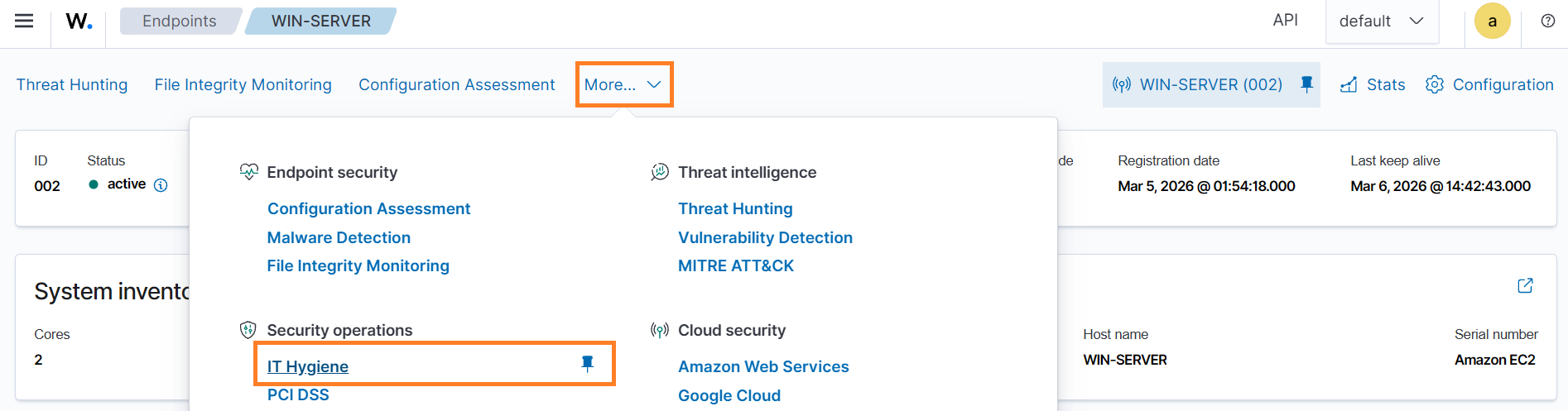 Wazuh IT Hygiene menu.