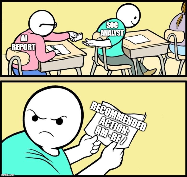 Classroom cheating meme where an AI Report passes answers to a SOC Analyst, who looks angry upon reading the recommended action of rm -rf /.