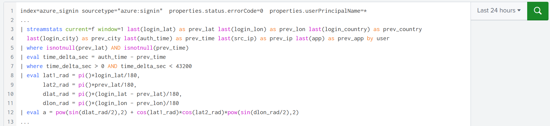 A big Splunk SPL query for Azure sign-in logs using streamstats and haversine math to detect impossible travel between login locations within a 24 hour window.