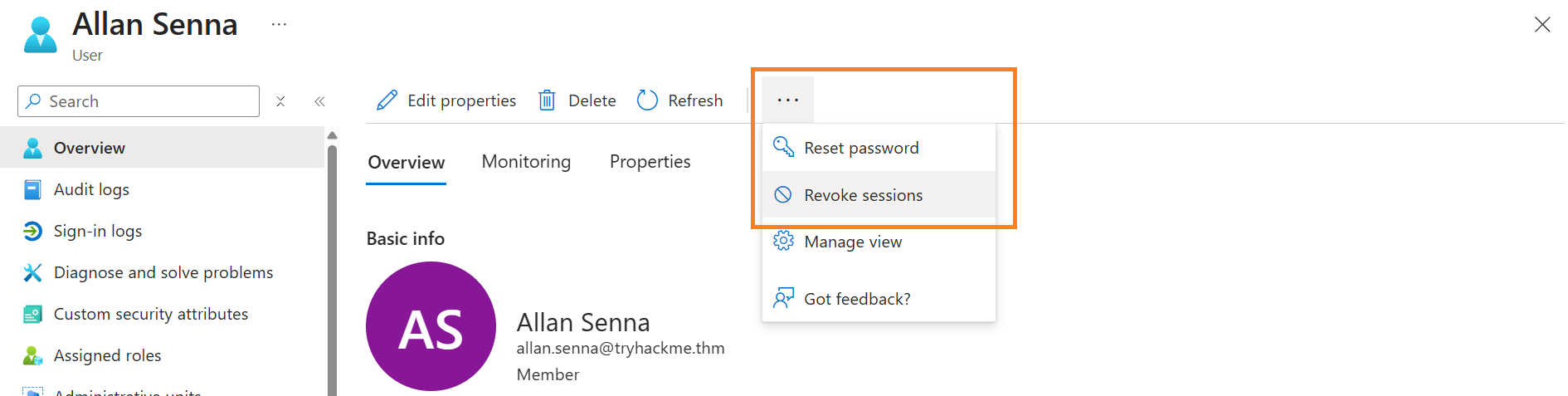 Microsoft Entra ID portal showing the user Allan Senna, with the actions menu open and Reset password and Revoke sessions options highlighted for incident response.