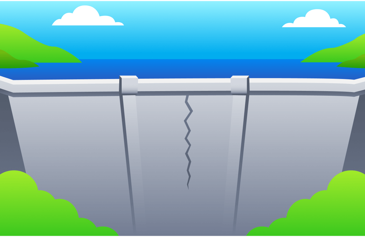 Illustration of a large concrete dam holding back water, with a visible vertical crack running down its center.