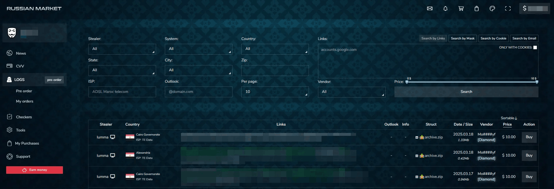 Screenshot of russian market darknet marketplace listing Lumma stealer logs for $10 each, with filters by stealer, country, and ISP (via SOCRadar).