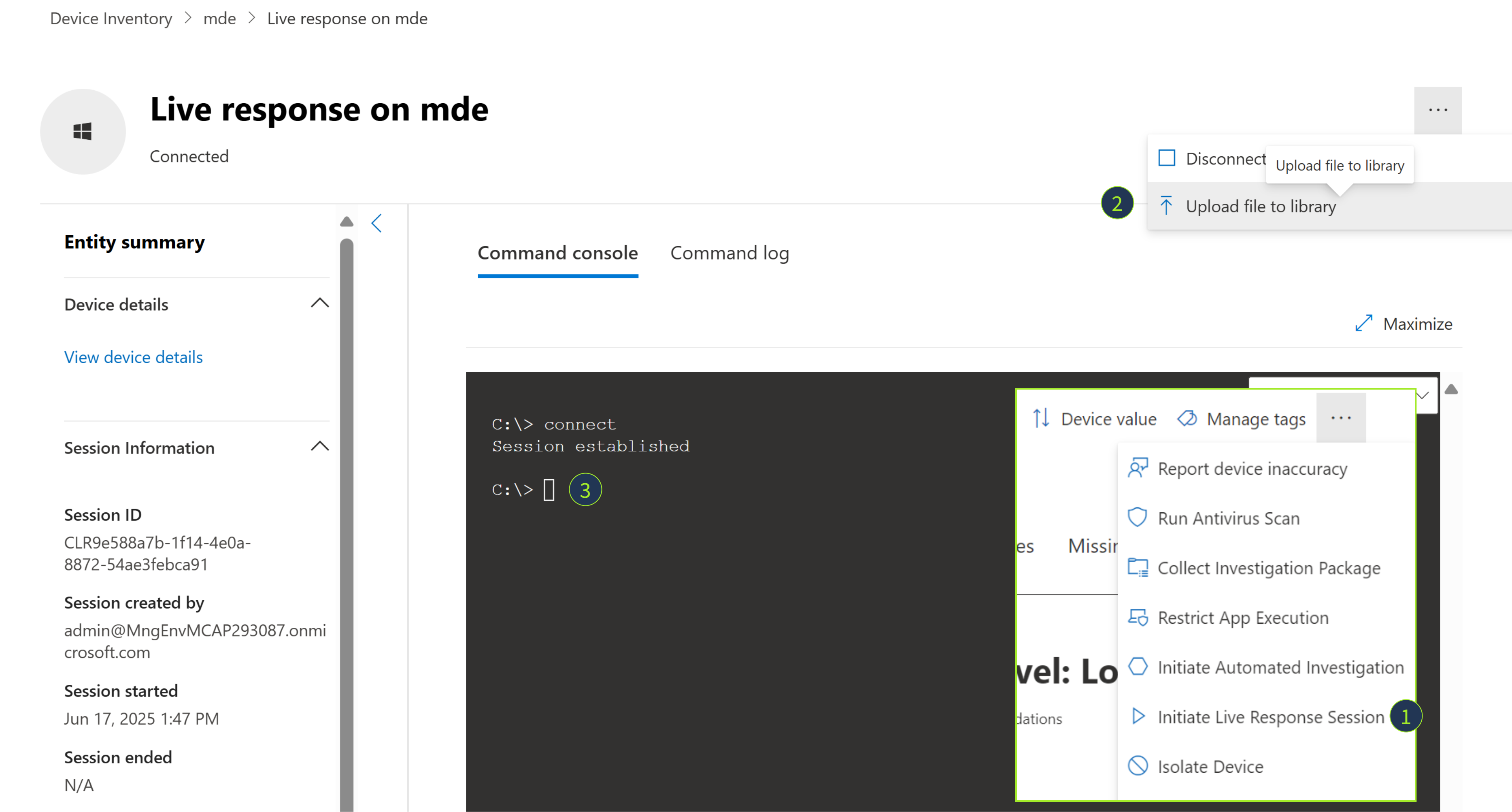 A screenshot from the Microsoft Defender live response session menu.