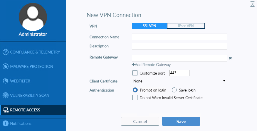 Screenshot of the FortiClient VPN client's "New VPN Connection" setup form, with SSL-VPN selected and fields for connection name, remote gateway, port 443, client certificate, and authentication.