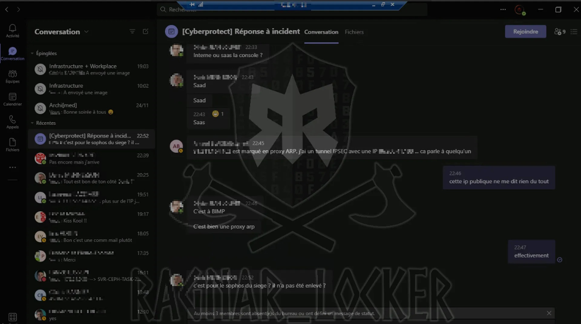 Screenshot of a Microsoft Teams incident response chat titled "[Cyberprotect] Réponse à incident" with a Ragnar Locker skull logo and watermark overlaid. Caption notes this is a redacted version of Ragnar Locker's screen capture of their victim's IR chat, showing the attackers had infiltrated the response channel.