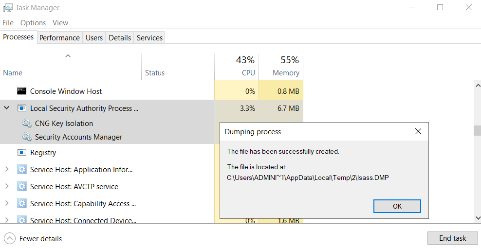Windows Task Manager with the Local Security Authority Process selected and a 'Dumping process' dialog confirming a memory dump was written to C:\Users\ADMINI~1\AppData\Local\Temp\2\lsass.DMP.