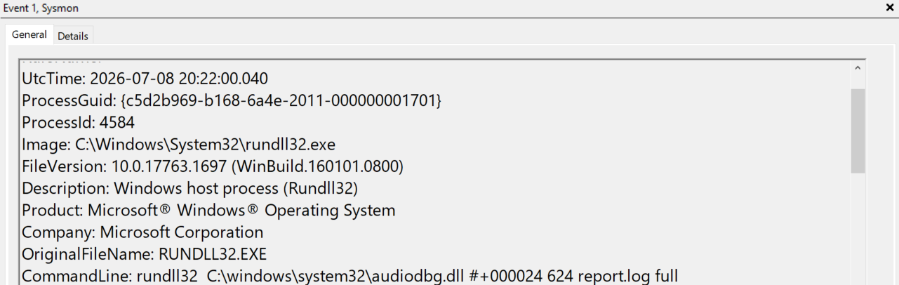 Sysmon Event ID 1 showing rundll32.exe loading a renamed comsvcs.dll (audiodbg.dll) via an ordinal to dump LSASS process 624 into report.log, a stealthy masquerading technique.