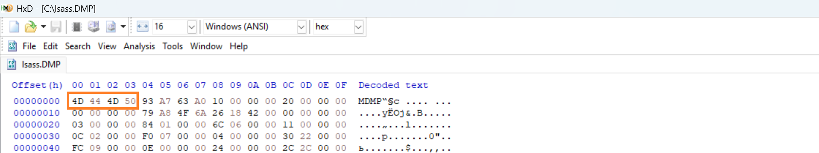 Hex view of lsass.DMP in HxD highlighting the first bytes 4D 44 4D 50 ('MDMP'), the magic header of the Windows minidump format used to identify LSASS dumps even when renamed.