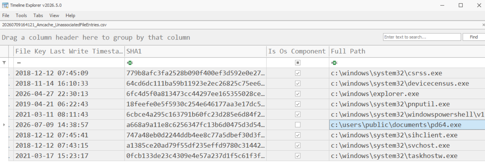 Amcache UnassociatedFileEntries parsed in Timeline Explorer. Most entries are OS components, but pd64.exe under c:\users\public\documents stands out with a SHA1 hash matching a renamed ProcDump.
